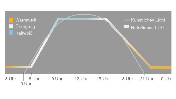 Tageslichtverlauf von natürlichem Licht und künstlichem Licht.