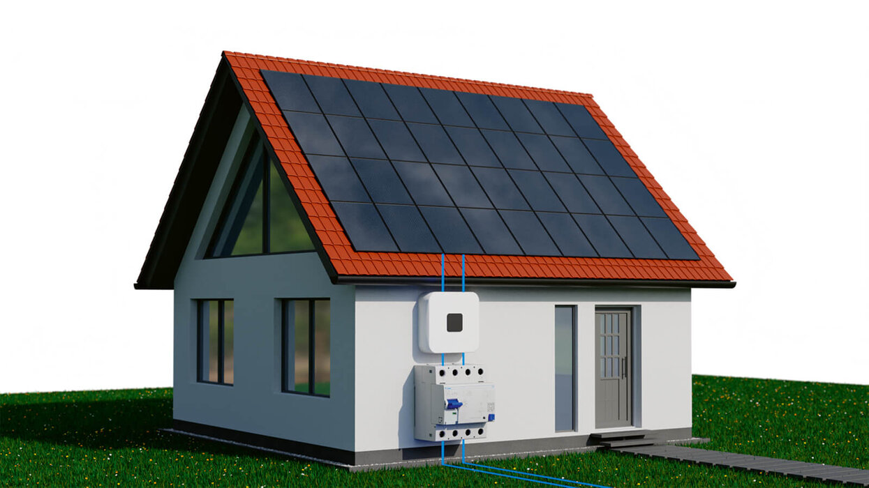 Grafik eines Einfamilienhauses mit Photovoltaikanlage auf dem Dach Schutzschalter.
