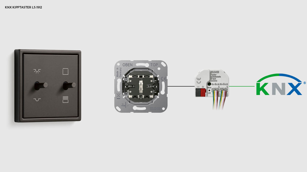 KNX Schalter in der Farbe Schwarz. Daneben die einzelnen Komponenten, aus denen der Schalter besteht.