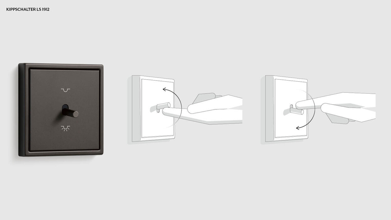 KNX Kipptaster in der Farbe Schwarz. Daneben zwei Grafiken, wie man den Schalter bedient.