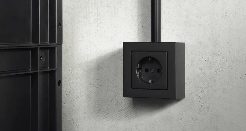 Das Bild zeigt eine schwarze Steckdose der Serie Cube an einer Betonwand. Das Stromkabel für die Steckdose ist auf dem Putz verlegt und schwarz ummantelt. Auf der linken Bildseite ist eine schwarze Metallwand mit schwarzen Metallverstrebungen zu sehen. 