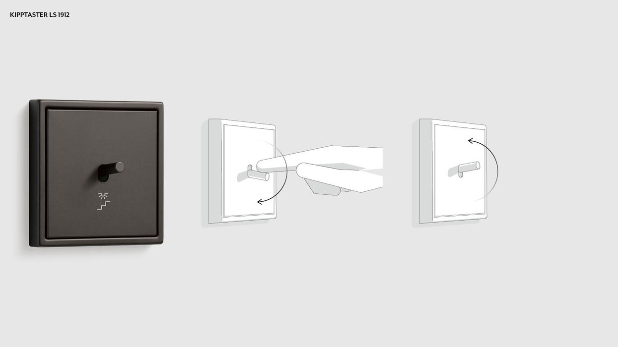 KNX Kipptaster in der Farbe Schwarz. Daneben zwei Grafiken, wie man den Schalter bedient.