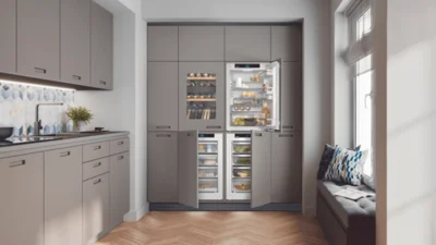 Das Bild zeigt eine Küche mit Holzfußboden. An der linken Wand steht eine Küchenzeile mit Spüle und grauen Schranktüren. Auf der rechten Seite gibt es ein Fenster mit einer kleinen Küchenbank davor. An der Stirnseite gibt es an der ganzen Wand weitere Schränke mit grauen Türen. Drei geöffnete Türen zeigen 2 nebeneinander angeordnete Gefrierschränke nebeneinander. Auf einem der beiden Gefrierschränke steht ein Kühlschrank.