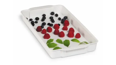 Gefriertablett in der Farbe Weiß in ein der Einzelansicht mit frischen Beeren drauf.